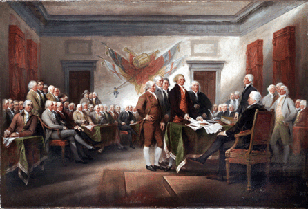 A smaller, superior version of the painting in the rotunda of the US Capitol, John Trumbull's "The Declaration of Independence,†1786‱820, shows standing, from left, the principal authors: John Adams, Roger Sherman, Robert Livingston, Thomas Jefferson (handing the document to the seated John Hancock) and Benjamin Franklin. 