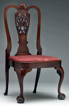 The broad proportions and squared rear legs of this side chair by an unknown New York City maker, probably 1750‷0, is an example of fine colonial craftsmanship based on London furniture. The monogram "RML†stood for its first owners, Robert and Margaret Livingston, major Hudson Valley landowners.