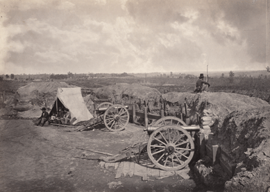 Among the photographers whose images brought the Civil War to the home front was George C. Barnard, who accompanied Union General William T. Sherman on his march to the sea. "Rebel Works in front of Atlanta,†1864‶5, shows Union troops occupying an outpost abandoned by retreating Confederates.