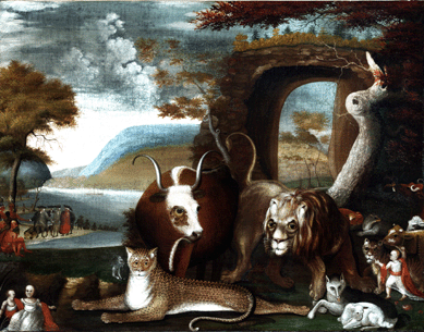 Addressing a schism within the Society of Friends, Quaker minister and painter Edward Hicks's "Peaceable Kingdom and Penn's Treaty,†1845, shows, to the left, William Penn's 1682 treaty with the Lenape Indians and, in the foreground, peaceful animals in Isaiah's prophecy of God's kingdom on earth. Virginia's Natural Bridge behind the unusual menagerie suggests the painter's belief in God's presence in America's natural wonders.