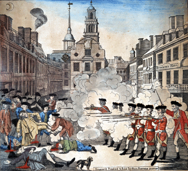 The "Boston Massacre†occurred more out of confusion than British aggression, but silversmith/patriot Paul Revere, at the behest of firebrand Samuel Adams, depicted it as an organized military action against unarmed civilians. The hand colored engraving, "The Bloody Massacre Perpetuated in King-Street Boston on March 5th 1770 by a Party of the 29th Regt.,†was used to fan the flames of insurrection, leading to the Revolutionary War.