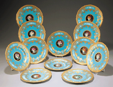 A set of 12 Royal Crown Derby gilt and turquoise porcelain cabinet plates fetched $21,150.
