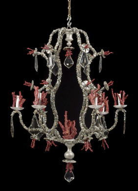 This Italian cut glass, rock crystal and seashell six-light chandelier of cage form in the Eighteenth Century "Grotto†taste sold for $10,500.