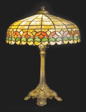Electric table lamp with glass shade made in New York by Handel Manufacturing Co. in 1915.  From the collection of the Charleston Museum.