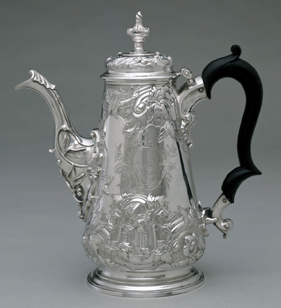 Chocolate pot, London, 1755/56, marked by Abraham Portal, silver, wood. The Cahn Collection. David Ulmer photo