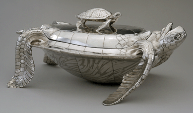 Tureen in shape of a green turtle, London, 1750/51, marked by Paul de Lamerie, silver. The Cahn Collection. David Ulmer photo