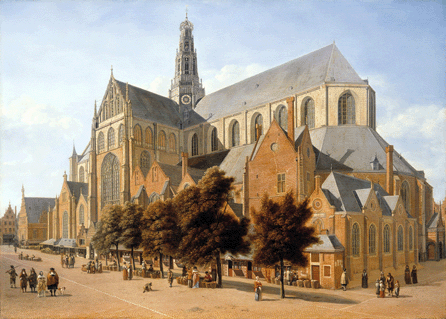 Affectionately called the "Big Barrel,†Haarlem's great Gothic cathedral St Bavo, loomed over the marketplace, becoming the city's defining landmark. In numerous paintings, such as "The Grote or St Bavokerk in Haarlem,†1666, Gerrit Berckheyde captured not only the peaceful ambience of the scene, but the textures of brick, stone and wood in the massive structure. Private collection, on long-term loan to the National Gallery of Art.