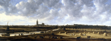 Measuring a whopping 68½ by 181 1/8 inches, Jan van Goyen's panoramic "View of The Hague from the Southeast,†circa 1650‵1, commissioned by the city fathers, is one of the most comprehensive cityscapes of the Golden Age. While the Great Church dominates the skyline, other buildings are recognizable (including the artist's), as well as people, animals, boats and the surrounding countryside. Haags Historisch Museum, The Hague.