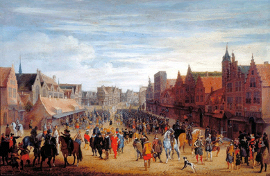 This historic cityscape by Pauwels van Hillegaert, "The Disbandment of the Waardgelders at the Neude in Utrecht in 1618,†1622, records the momentous occasion when mercenaries hired by the rebellious province of Utrecht, in the face of a show of military might by Prince Maurits on behalf of the Dutch Republic, laid down their arms in the city's main square. The artist meticulously rendered the surrounding architecture, crowds of soldiers, pile of discarded weapons and the prince standing near his white horse in the foreground. Museum Het Prisenhof, Delft.