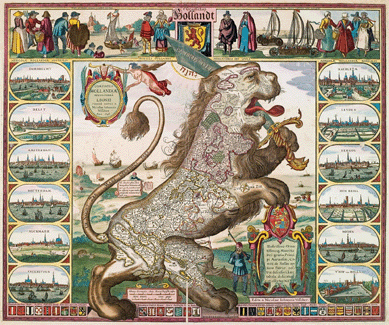 Allegorical lion maps, symbolizing the courage and power of the Dutch people in their revolt against Spanish rule, are epitomized by this rampant beast embodying the triumphant province of Holland. "Leo Hollandicus,†a 1648 engraving by Claes Jansz Visscher, is flanked by profile views of major cities †prototypes for the earliest cityscapes. Atlas Van Stolk, Rotterdam.