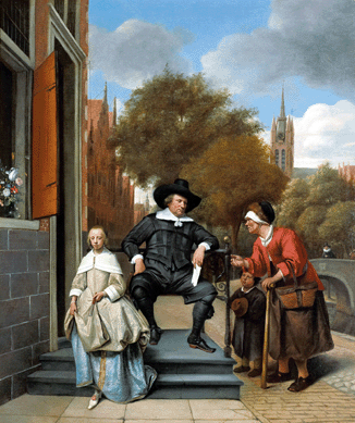 Charity and religion, much admired in the Dutch Golden Age, are on display in Jan Steen's "Adolf and Catharina Croeser on the Oude Delft,†as a wealthy merchant and his daughter interact on their doorstep with a poor woman and child asking for a handout. A church and convent in the background recall Croeser's piety. Rijksmuseum, Amsterdam.