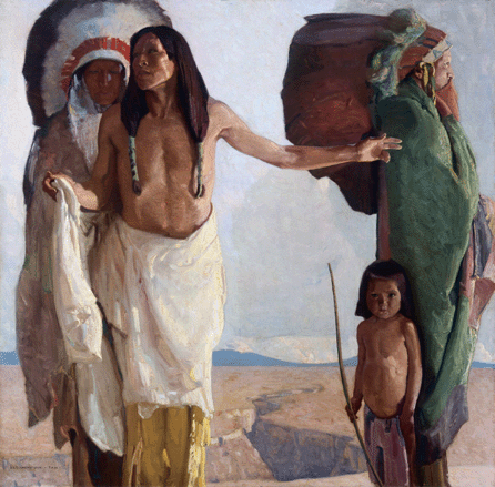 In what he considered one of his best paintings, "The Peacemaker (The Orator),†1913, Blumenschein depicted two bonneted chiefs connected by a young man whose arm extends across, in the background, a vast gouge out of the earth, the Rio Grande Gorge. It may represent a schism within the Taos Pueblo, or hope for survival of Indian culture in the face of edicts by government bureaucrats, or hope for peace in a Europe on the brink of war. Courtesy of the Anschutz Collection.