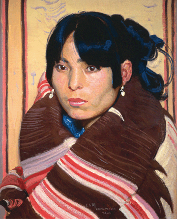 Often mistaken for a work by Robert Henri, Blumenschein's "Portrait of Albedia,†circa 1918, featured rich colors, decorative elements and insights into the character of the sitter, one of the most striking Indian models in Taos. This early masterpiece set the stage for the painter's later likenesses of Native Americans and Hispanic residents. Courtesy of the Gerald Peters Gallery, Santa Fe.