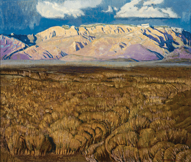 Exploring the area around Albuquerque, Blumenschein found splendid sights, such as he recorded in "Sandia Mountains,†1942. Here, the expansive foreground of sagebrush and chamisa leads up to foothills bathed in purple-gold evening light. Private collection.