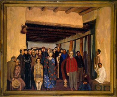 In a remarkable group portrait, "Ourselves and Taos Neighbors (New Mexico Interior or New Mexican Interior),†1931, reworked in 1937 and 1938 and finished circa 1948, Blumenschein painted in the foreground himself, his wife and daughter. Grouped behind them are Bert Geer Phillips, Oscar E. Berninghaus, Walter Ufer, Leon Gaspard, Victor Higgins, D.H. Lawrence, Joseph Henry Sharp, Kenneth Adams, Mabel Dodge Luhan and others. Courtesy of Stark Museum of Art, Orange, Texas.