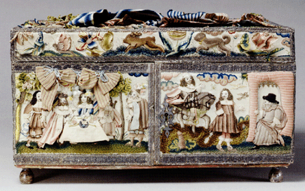 Casket with The Story of Esther. English, unknown designer and maker, third quarter Seventeenth Century, wood carcass; silk and metal thread, glass beads on satin. Gift of Irwin Untermyer, 1964.