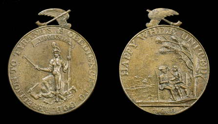 Obverse and reverse of Virginia Indian peace medal produced by order of Governor Thomas Jefferson in 1780.