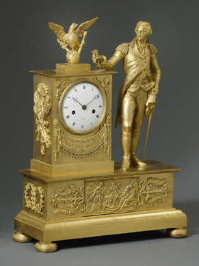 A French Neoclassical mantel clock made in Paris by Jean-Baptiste Dubuc in 1810 and depicting George Washington in full military dress with a sword sold for $112,575. 