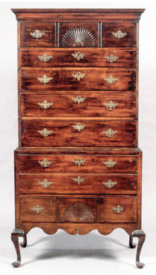 A late Eighteenth Century Chippendale maple chest-on-chest with fan carving and attributed to John Dunlap had old refinish and sold for $22,515.