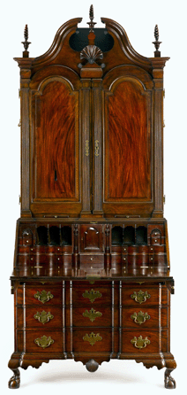 In the days before the proliferation of printed labels, cabinetmakers signed only their best piece. The blocked desk-and-bookcase, circa 1775, at the Metropolitan Museum of Art in New York City is Gould's only signed piece. It is inscribed "Nath Gould not his work,†but Kemble Widmer and Joyce King discovered that "Nath Gould†is in Gould's hand, while "not his work†is not. It may have been written by Gould's son, also Nathaniel, or by a disgruntled worker. The 105-inch piece was likely the one purchased by Jeremiah Lee for his daughter on the occasion of her marriage.