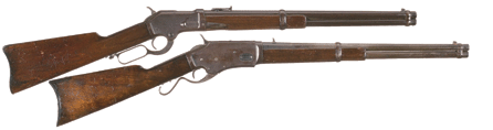 Two lever action carbines were sold together: a Colt Burgess lever action saddle ring carbine and a Whitney-Kennedy lever action saddle ring carbine brought $7,475.