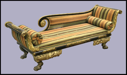New York carved, gilt and ebonized Grecian Revival couch, circa 1825, length 89 inches, depth 24 inches, height 32 inches, realized $28,750.