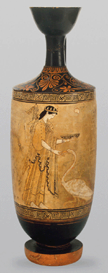White-ground Lekythos, circa 490 BC, Attica workshop, Pan Painter, clay, 14 7/8  inches high, from the collection of A.A. Abaza (purchased 1901) Saint Petersburg, The State Hermitage Museum. ©The State Hermitage Museum, Saint Petersburg, 2008.
