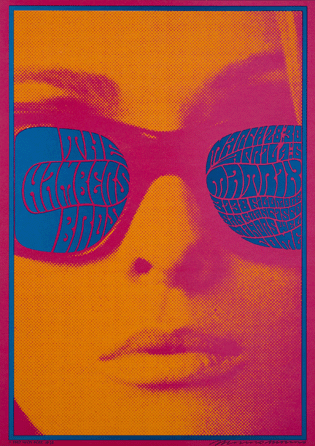 Victor Moscoso used liquid letters to fill the lenses of a California girl's shades and a coarse screen across the right side of her face to give depth to a 1967 Chambers Brothers poster. ©Neon Rose