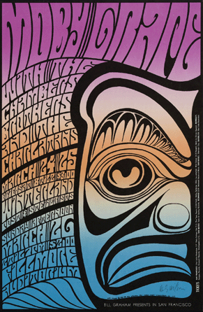 Wilson was clearly influenced by primitive art, as seen in the transforming power of this mask on a Moby Grape poster. ©1996 Wes Wilson ©Bill Graham Archives, LLC