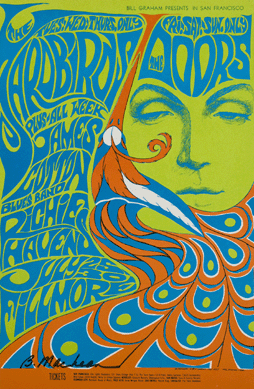 This 1967 work by Bonnie MacLean was heavily influenced by Wilson's work, although her development is clear in the face of pretty girl with shuttered lids, Art Deco peacock feathers and the roach clip. ©Bill Graham Archives, LLC