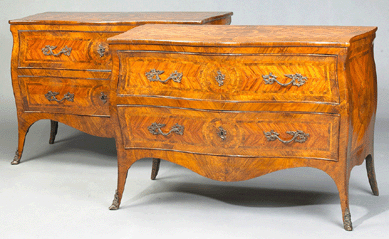 A collector paid $33,550 for this pair of Italian rococo kingwood and walnut parquetry cassetoni.