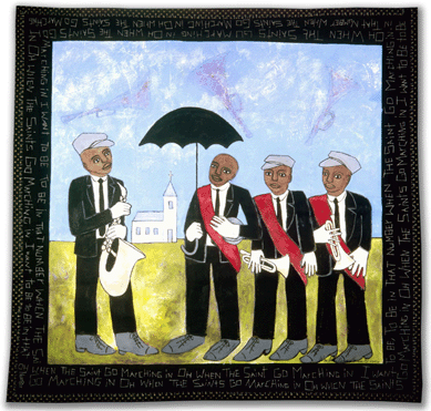 Wendell George Brown (St Mary's City, Md.) "The Somber Farewell Before the Joyful Band Playing and Dancing,†2006, pieced and hand quilted fabric with acrylic paint on canvas. 69 by 71 inches, collection of the artist. ⁃harles Martin photo