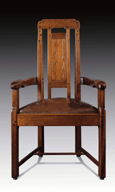 The Greene brothers designed each room in the Robert R. Blacker House, 1907‰9, in Pasadena as a complete, self-contained environment, including objects like this solid, straightforward dining room armchair. Private collection.