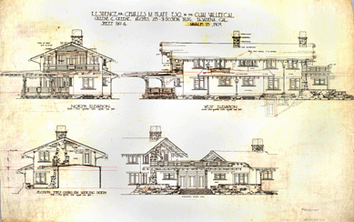Elaborate north and west elevation drawings, 1909, of the Charles M. Pratt House, reflect the meticulous efforts undertaken by the Greenes when they designed a home. Courtesy of Greene and Greene Archives, the Gamble House, University of Southern California.