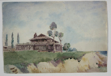 This watercolor by Charles Greene, circa 1905, suggests the dramatic siting of the Adelaide A. Tichenor House, 1904‰5, in Long Beach, Calif., and documents Japanese elements, such as the hipped-gable roof and porch railings in post and panel style, incorporated into the design. Courtesy of Green and Greene Archives, the Gamble House, University of Southern California.