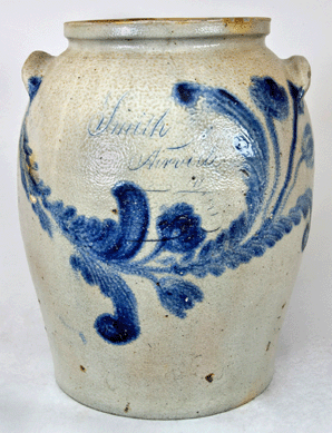 A late addition to the sale was a rare Virginia stoneware plantation jar that fetched $14,950. The 3-gallon ovoid jar, decorated with a sweeping stem of leaves and flowers, is believed to have been made in Baltimore for use on the Airville Plantation of Gloucester, Va.