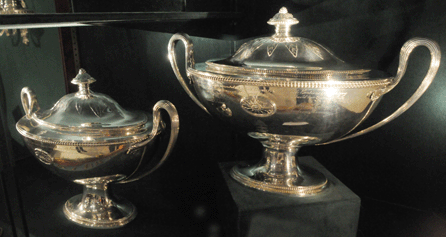 "The Hamilton Tureens,†a pair of George III oval soup tureens from 1786, by Benjamin Laver, and 1800, by Wakelin and Garrard, were inscribed as "presented to Sir Alexander Hamilton&⁓anctioned by Parliament to build our several ships†and also with the Hamilton family crest. They were offered at $95,000 at N&I Franklin, St James, London.