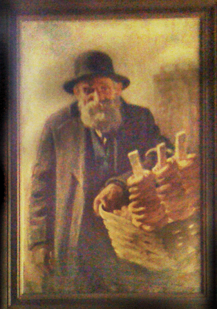 Created in the 1920s, this painting of an orthodox Jewish man selling bagels in New York City is approximately 4 feet wide and 5 feet high.