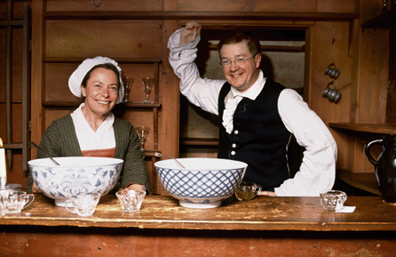 This photograph of Phil Zea and author Beth Gilgun of Warwick, Mass., was taken at the bar in the Hall Tavern at Historic Deerfield to publicize one of Deerfield's many colonial programs.