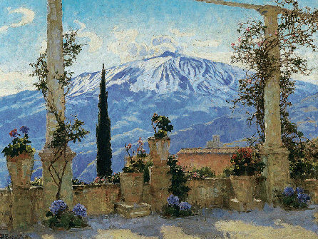 In "Mount Etna From Taormina, Sicily,†no date, Brewster featured the gorgeous blue of the volcano and its echo in flowers in the foreground. "The active volcano, framed by a sunlit portico of flowering plants, suggests potential destructive violence in an otherwise picturesque Italian idyll,†observes art historian Leigh Culver. Scott and Hamilton Brewster Collection.