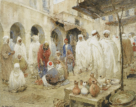 On her travels, Brewster complained that she seldom got to know ordinary people, but she did make enough sketches to create scenes like "Arab Marketplace,†a 1926 watercolor that delineates a number of native types in a characteristic setting. Marti and John Santiago Collection.