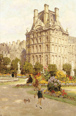 In one of her finest paintings, "The Tuileries, Paris,†1926, Brewster depicted an idyllic Parisian scene where "The building in the background recapitulates the grandeur of the city, where carefully groomed and colorful public settings enticed small boys and their guardians on summer days,†observes Maxwell. "The freedom expressed in the child's running figure, like the profusion of flowers, creates an illusion of unfettered exuberance amid the carefully cultivated landscape and the watchful woman.†Private collection.