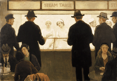 In this fascinating painting, likely based on observations in New York City, "Steam Table,†1933, cafeteria servers illuminated in bright, artificial light wait on silhouetted male customers. Reminiscent of the work of Edward Hopper, this painting, with "its cropped edges and zoomed-in closeup, shadowy contrasts and somber palette&⁩s modern in a way that none of Brewster's other known works are,†notes exhibition curator Judith Kafka Maxwell. Private collection.