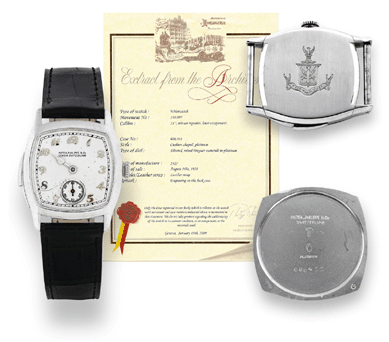 Platinum minute-repeater sold to Henry Graves Jr, Patek Philippe, Genève, No. 198095, 1927, brought $630,000.