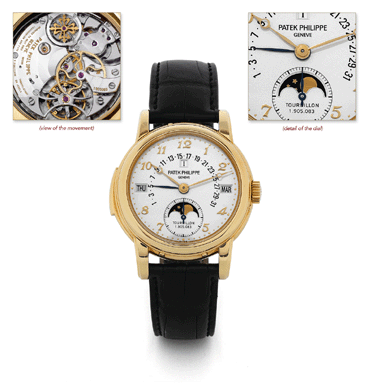 Yellow gold 5016 Patek Philippe, Genève, Ref 5016 J, made in 2003. Extremely fine, rare and important, astronomic, minute-repeating, 18K yellow gold wristwatch with one-minute tourbillon regulator, retrograde perpetual calendar, moon phases. It made $494,400.