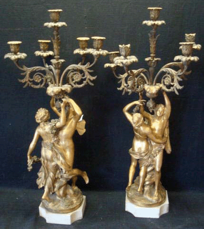This pair of dore bronze figural candelabra, part of a Tiffany collection from a Riverdale, N.Y., estate, led the sale, finishing at $8,225. 