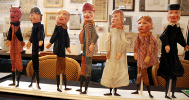 Set of Punch and Judy handmade puppets at Evie Eysenburg, Cold Spring, N.Y., broke the strictly paper mold, although they are made of papier mache.