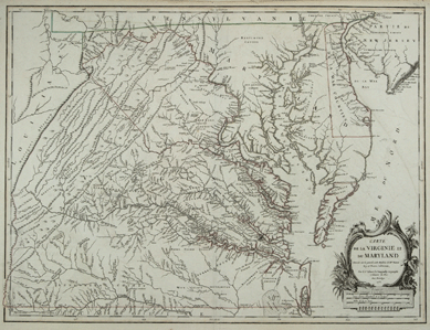 "Carte de la Virginie et du Maryland†engraved by Gilles Robert de Vaugondy, 1755. The Society of the Cincinnati, The Robert Charles Lawrence Fergusson Collection. ⁇regory R. Staley photo