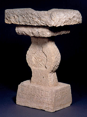 Among his many garden adornments, Edmondson carved a variety of interesting birdbaths. In this example, "Birdbath,†1938, he sought to carve his name into the base, but misjudged the space and was forced to leave the "E†out of his last name.