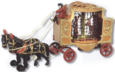 The Hubley revolving monkey cage wagon that listed a provenance of the Hubley factory showroom where examples of the toys were on display, also a provenance of the Perelman Toy Museum, sold well above the $30/40,000 estimates. When moved, the tree and swinging monkeys revolved. After a prolonged bidding battle, it sold at $97,750.